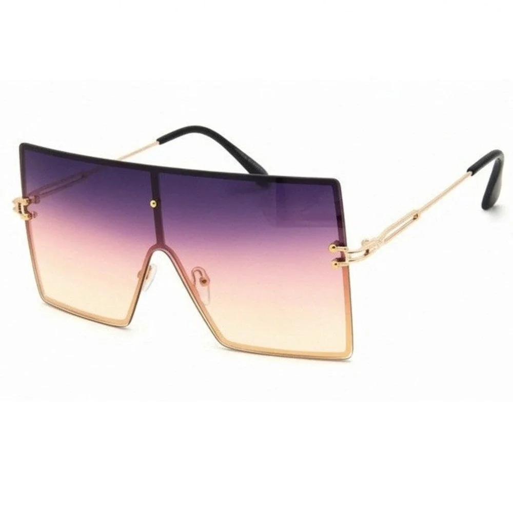 Oversized Square Shield Sunglasses Burgundy Gradient Gold Frame Women Shades New